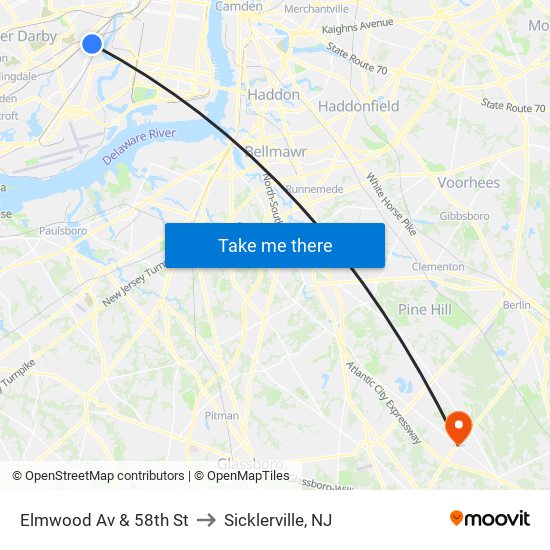 Elmwood Av & 58th St to Sicklerville, NJ map