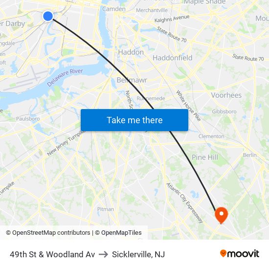 49th St & Woodland Av to Sicklerville, NJ map