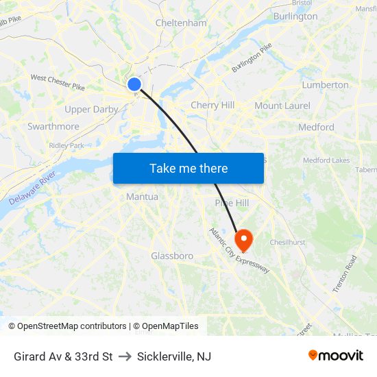 Girard Av & 33rd St to Sicklerville, NJ map