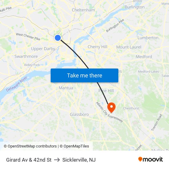 Girard Av & 42nd St to Sicklerville, NJ map