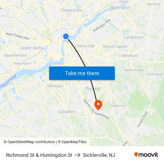 Richmond St & Huntingdon St to Sicklerville, NJ map