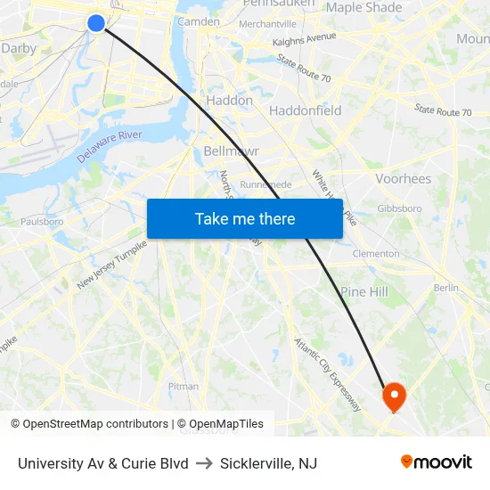 University Av & Curie Blvd to Sicklerville, NJ map