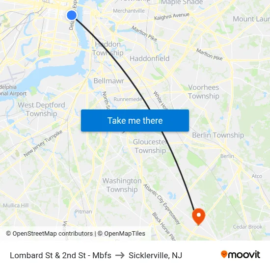 Lombard St & 2nd St - Mbfs to Sicklerville, NJ map