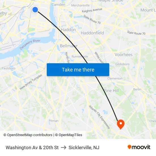 Washington Av & 20th St to Sicklerville, NJ map