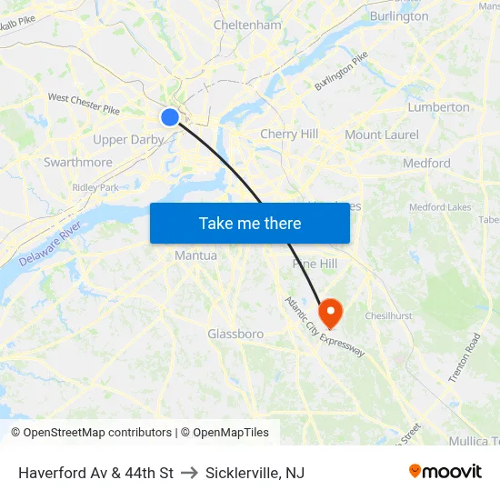 Haverford Av & 44th St to Sicklerville, NJ map