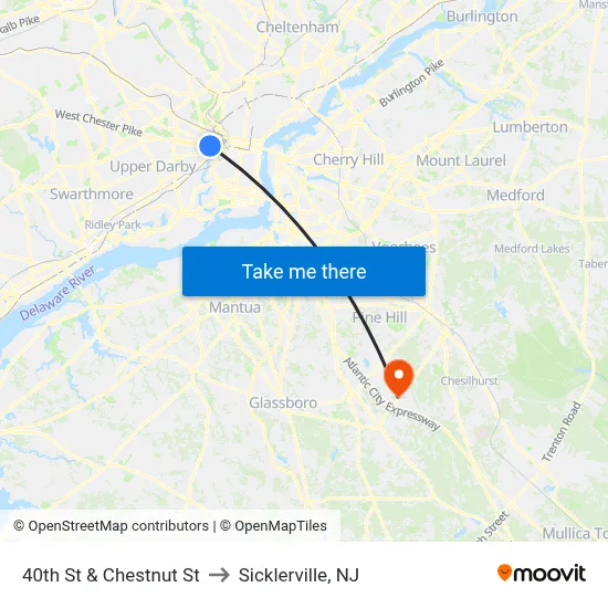 40th St & Chestnut St to Sicklerville, NJ map