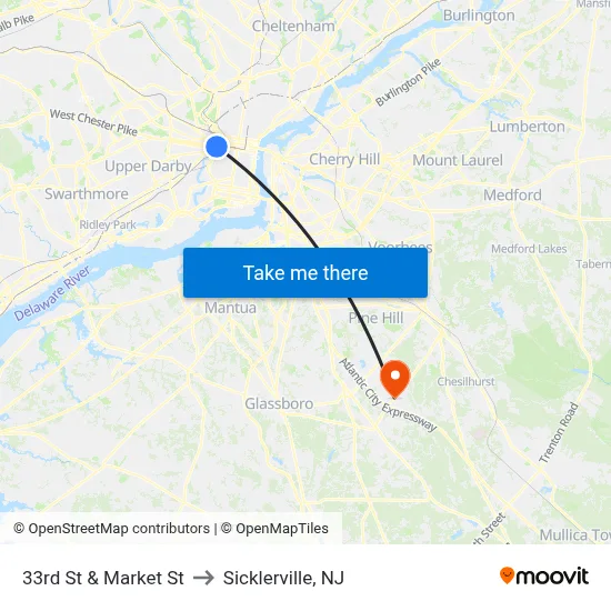 33rd St & Market St to Sicklerville, NJ map