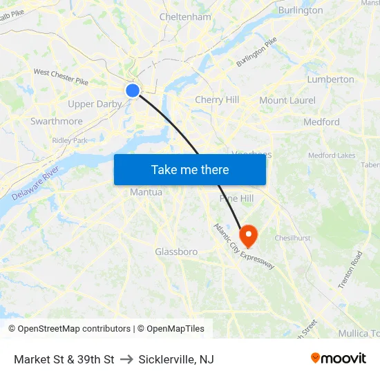 Market St & 39th St to Sicklerville, NJ map