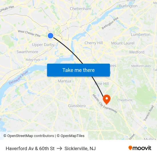 Haverford Av & 60th St to Sicklerville, NJ map