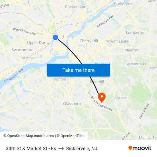 34th St & Market St - Fs to Sicklerville, NJ map