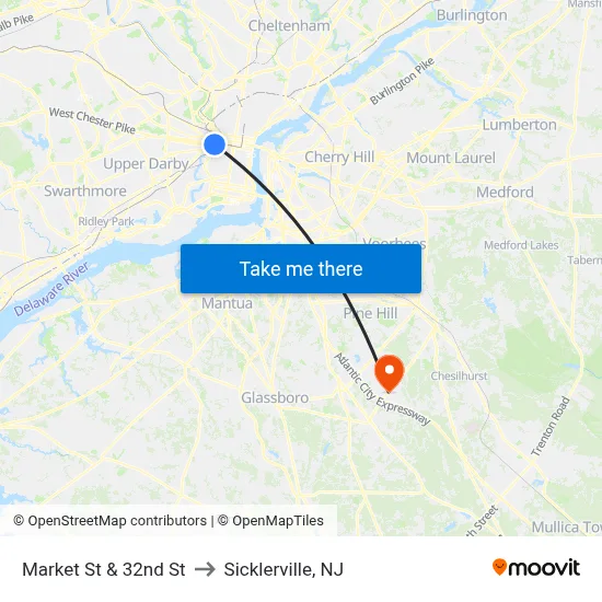 Market St & 32nd St to Sicklerville, NJ map