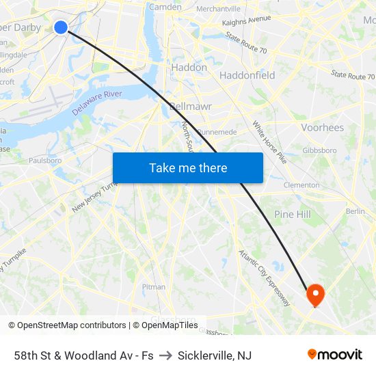 58th St & Woodland Av - Fs to Sicklerville, NJ map