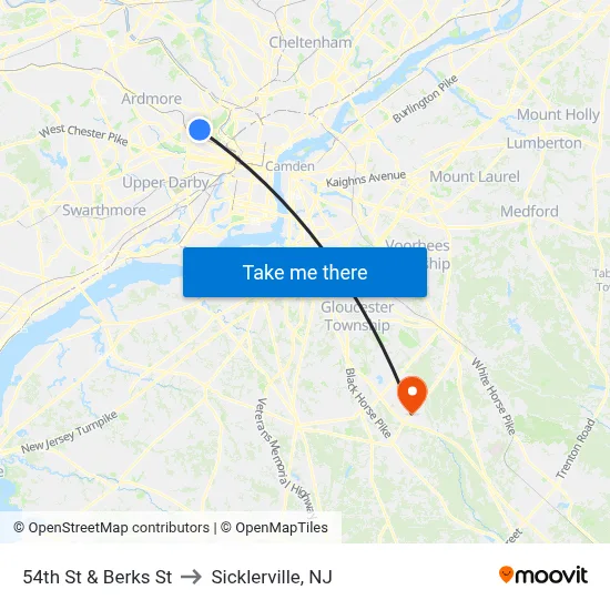 54th St & Berks St to Sicklerville, NJ map