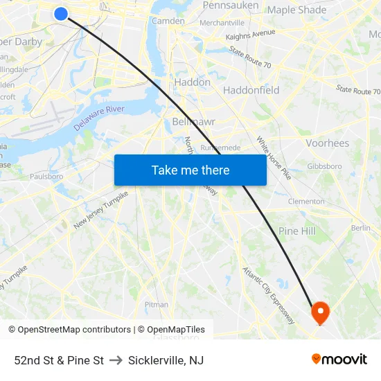 52nd St & Pine St to Sicklerville, NJ map