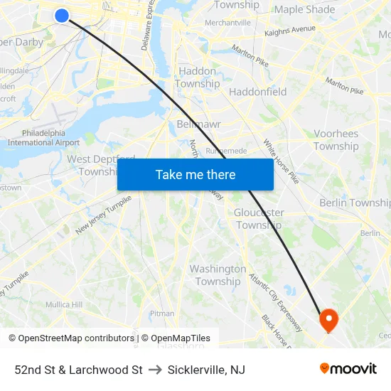 52nd St & Larchwood St to Sicklerville, NJ map