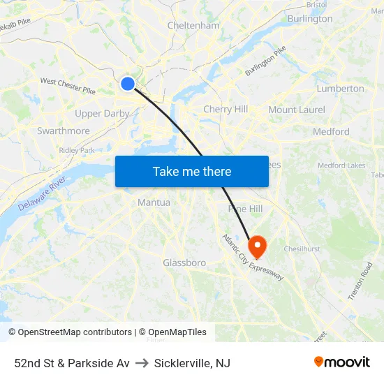 52nd St & Parkside Av to Sicklerville, NJ map