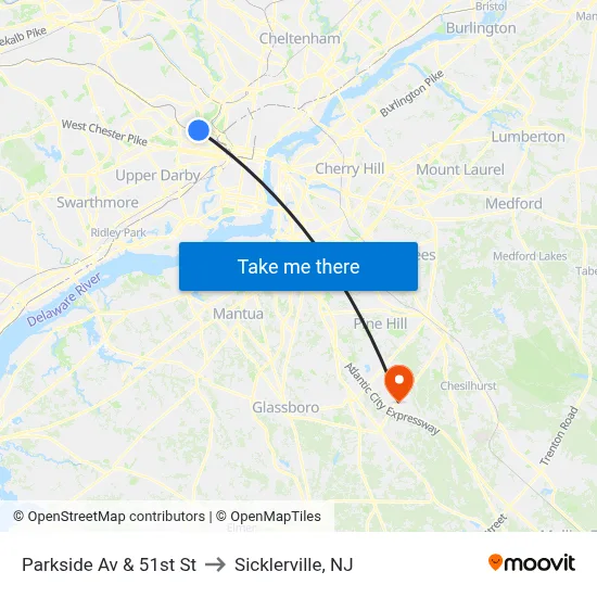 Parkside Av & 51st St to Sicklerville, NJ map