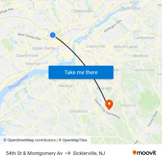 54th St & Montgomery Av to Sicklerville, NJ map