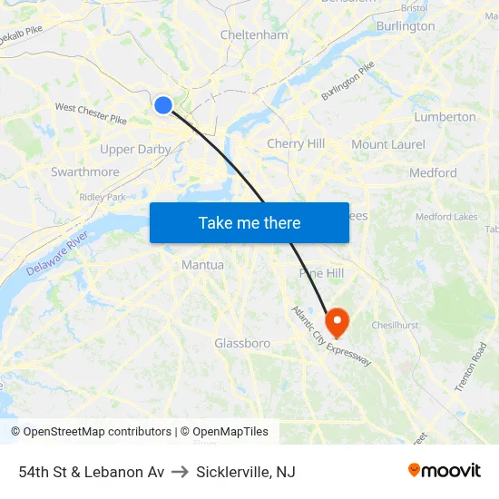 54th St & Lebanon Av to Sicklerville, NJ map