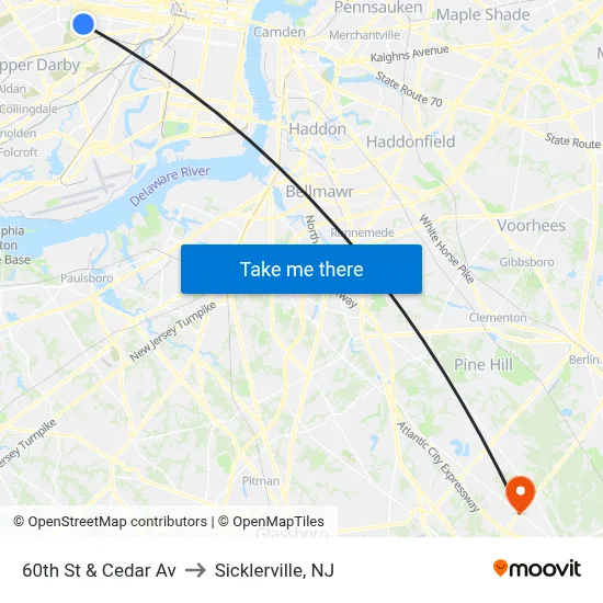 60th St & Cedar Av to Sicklerville, NJ map