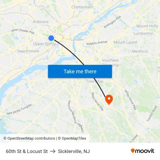 60th St & Locust St to Sicklerville, NJ map
