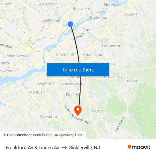 Frankford Av & Linden Av to Sicklerville, NJ map