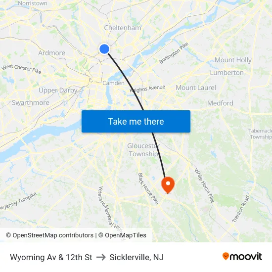 Wyoming Av & 12th St to Sicklerville, NJ map