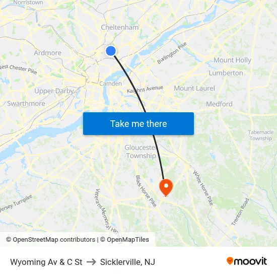 Wyoming Av & C St to Sicklerville, NJ map