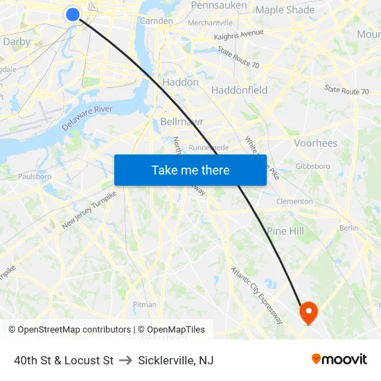 40th St & Locust St to Sicklerville, NJ map