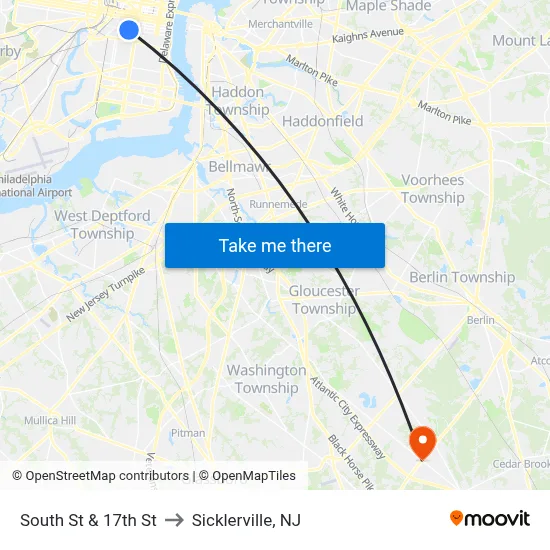 South St & 17th St to Sicklerville, NJ map