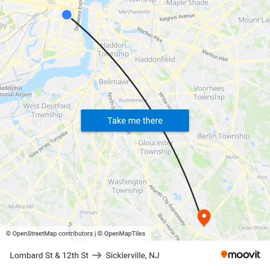 Lombard St & 12th St to Sicklerville, NJ map
