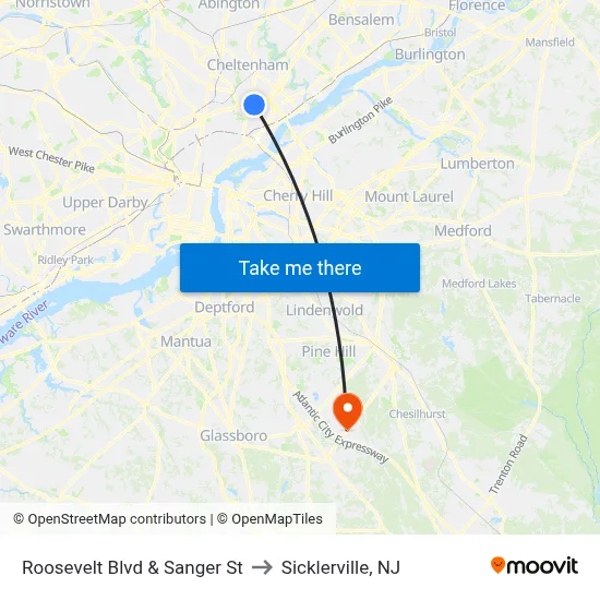 Roosevelt Blvd & Sanger St to Sicklerville, NJ map