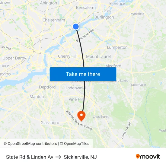 State Rd & Linden Av to Sicklerville, NJ map