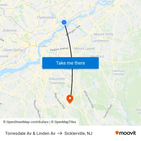 Torresdale Av & Linden Av to Sicklerville, NJ map
