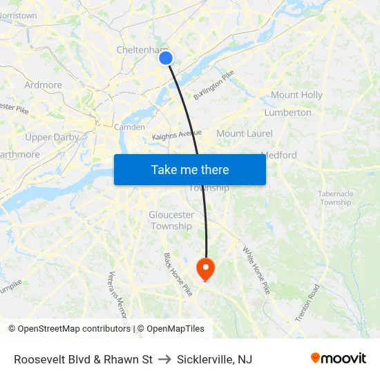 Roosevelt Blvd & Rhawn St to Sicklerville, NJ map