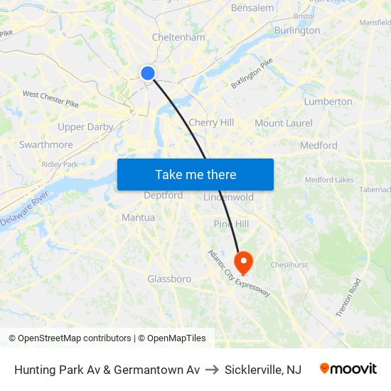 Hunting Park Av & Germantown Av to Sicklerville, NJ map