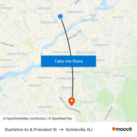 Bustleton Av & President St to Sicklerville, NJ map