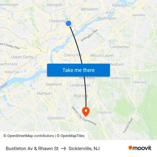 Bustleton Av & Rhawn St to Sicklerville, NJ map