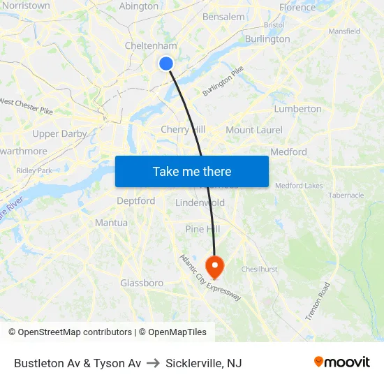 Bustleton Av & Tyson Av to Sicklerville, NJ map