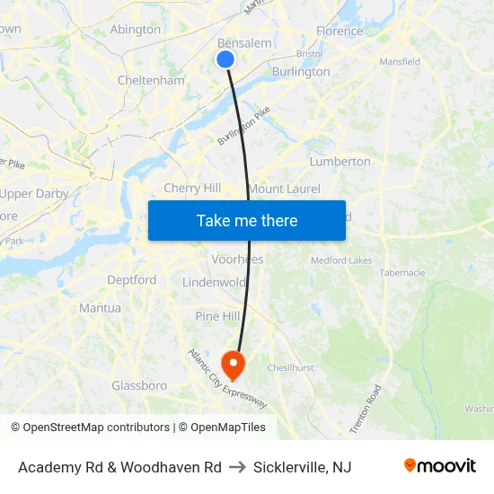 Academy Rd & Woodhaven Rd to Sicklerville, NJ map