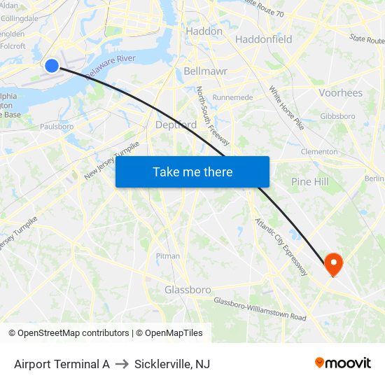 Airport Terminal A to Sicklerville, NJ map