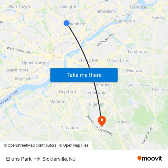 Elkins Park to Sicklerville, NJ map