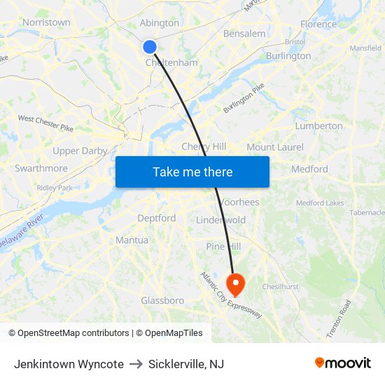 Jenkintown Wyncote to Sicklerville, NJ map