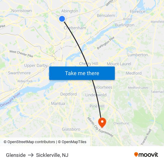 Glenside to Sicklerville, NJ map