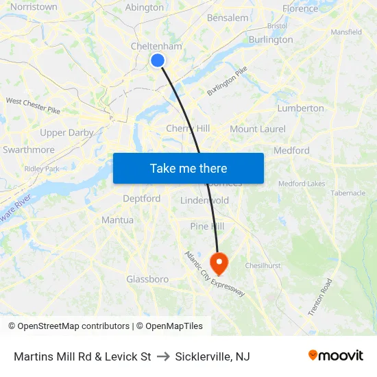 Martins Mill Rd & Levick St to Sicklerville, NJ map
