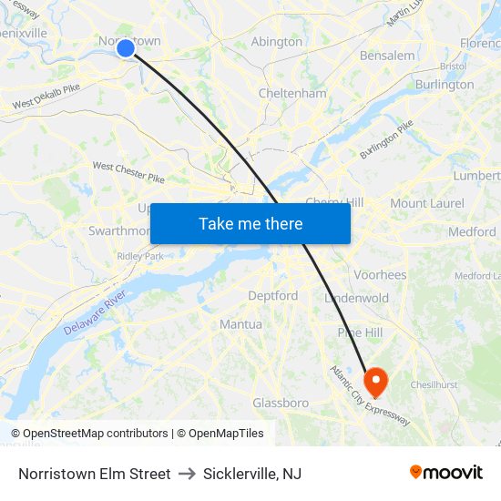 Norristown Elm Street to Sicklerville, NJ map