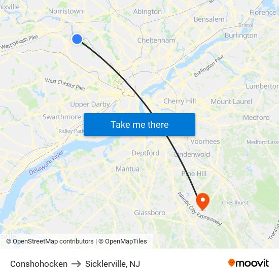 Conshohocken to Sicklerville, NJ map