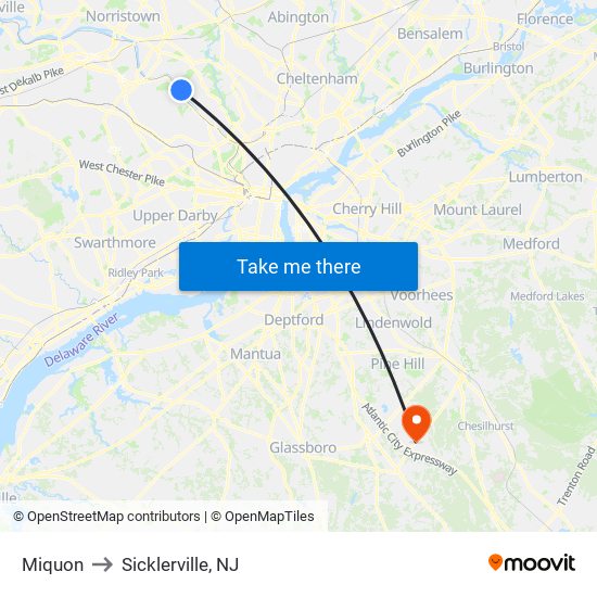 Miquon to Sicklerville, NJ map