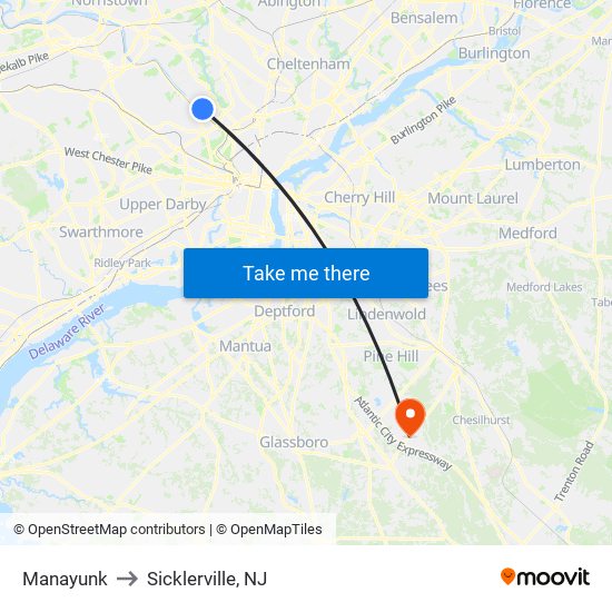 Manayunk to Sicklerville, NJ map