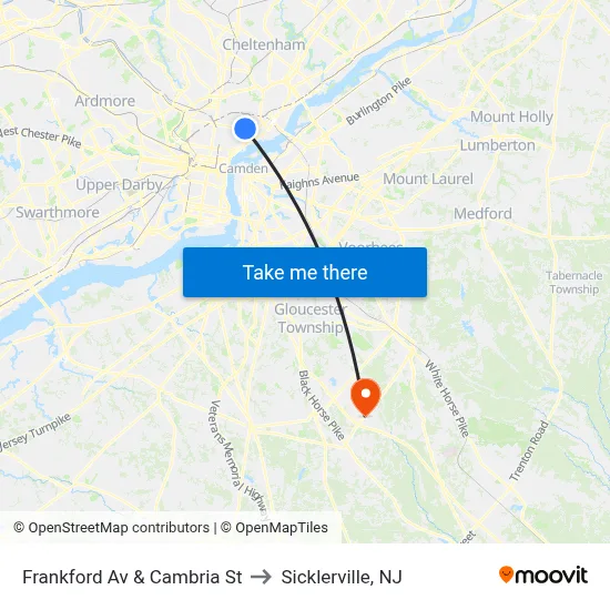 Frankford Av & Cambria St to Sicklerville, NJ map